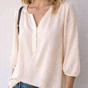 Talbots blouse, quiet elegance, creme with gold accent buttons on sleeves